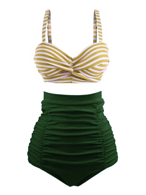 Parisian Effortless Chic Style 1940s Striped Colorblock Vintage Bikini Set