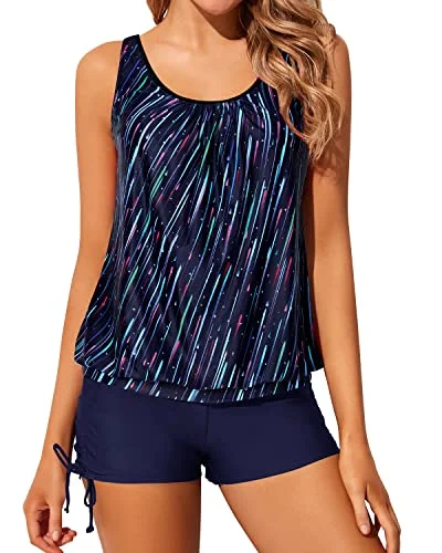 Subtle Sophistication Women's Blouson Tankini Swimwear Adjustable Shoulder Straps-Navy Blue