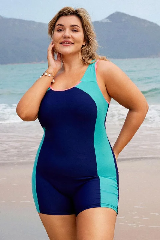 Trend Setting Wardrobe HN Women Plus Size Contrast Color Bathing Suit Hollowed-out Back Swimwear