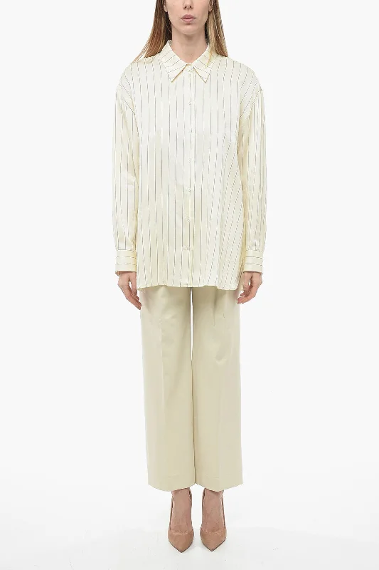 Classic Timeless Elegant Style Loulou Studio Flax Blend Oversized Shirt with Pinstriped Pattern