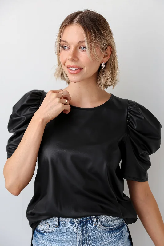 Casual Yet Stylish Separates FINAL SALE - Trendsetting Direction Black Puff Sleeve Leather Blouse