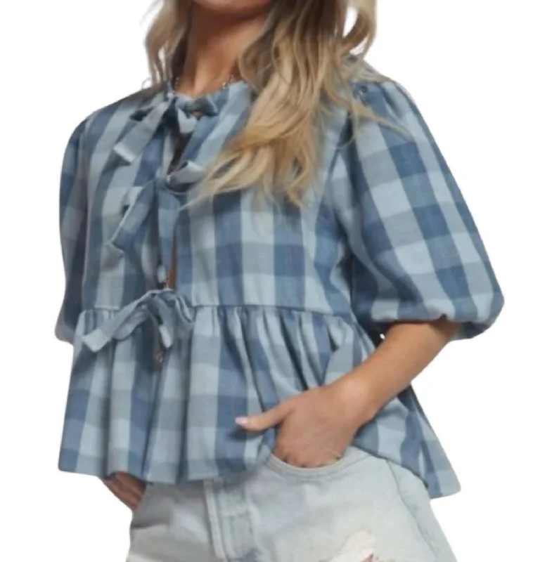 Innovate Your Wardrobe Gauze Plaid Bow Blouse In Blue