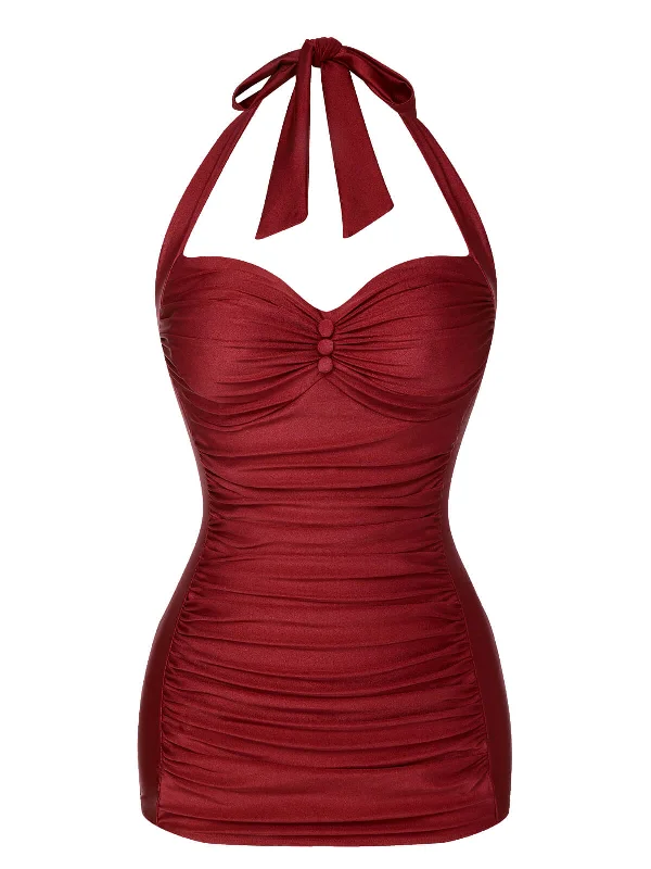 Limited Stock Red 1950s Solid Gathered Halter Swimsuit