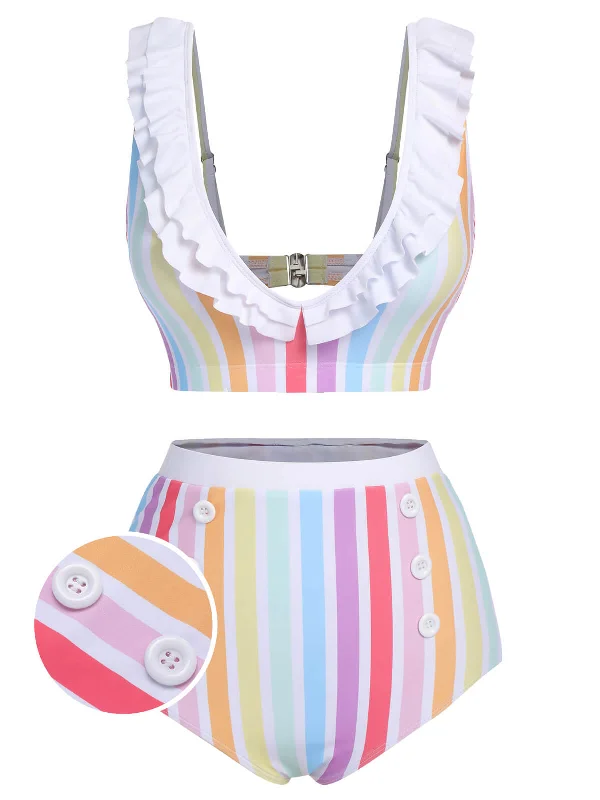 Hot Styles Multicolor 1950s Rainbow Stripes Swimsuit