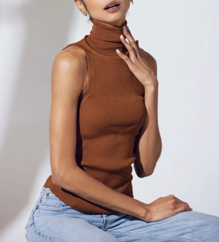 Charming Silhouette Noon Ribbed Modal-Blend Jersey Sleeveless Turtleneck Top In Chocolate