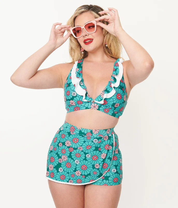 Trend Alert Unique Vintage Teal Flower Child Halter Swim Top