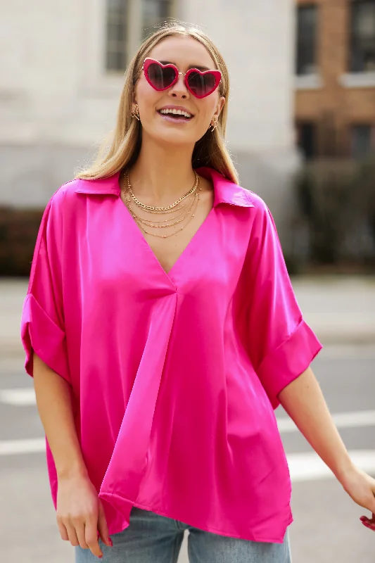 Elegant Style FINAL SALE - Captivating Presence Hot Pink Satin Blouse