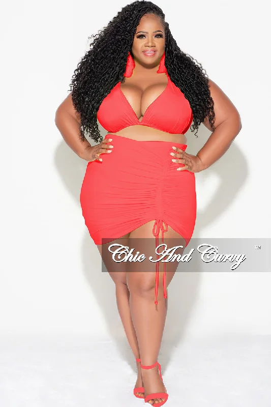 Seasonal Style Discounts Final Sale Plus Size 3pc Set Bikini Top, Briefs & Ruched Skirt in Rust Orange