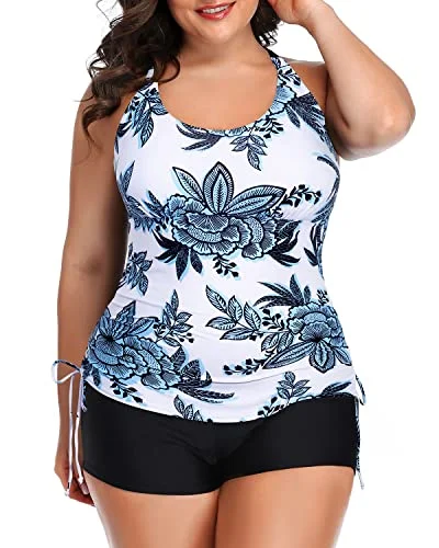 Limited Edition 2-Piece Plus Size Swimsuit Adjustable Straps Boyleg Shorts-White And Blue Floral