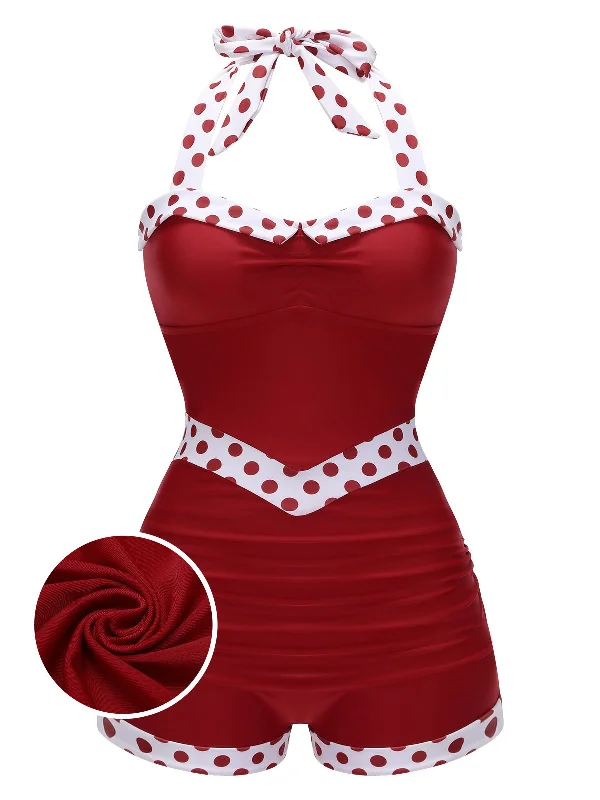 Update With Cottagecore Styles Red 1940s Halter Patchwork One-piece Swimsuit