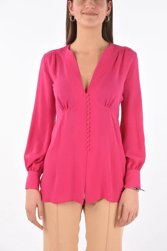 Discounts On Casual Weekend Styles Super Blond V Neck Covered Button Silk Blouse