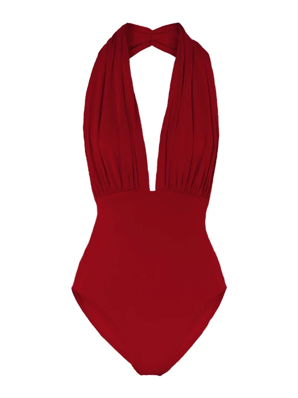 Dive Into Trendy Styles Red 1930s Retro Halter Solid One-piece Swimsuit