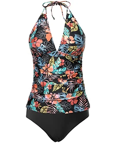 New In This Season Two Piece Ruched Halter V Neck Plus Size Swimsuits