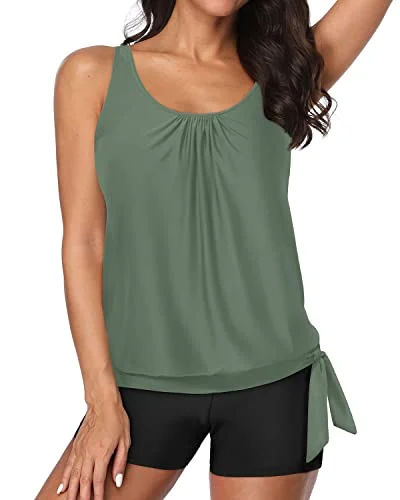 Evening Elegance Blouson Tankini Top & Boy Shorts Swimsuits For Women-Olive Green