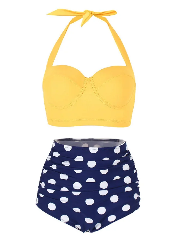 Bold Prints Casual Chic 1950s Polka Dot Halter Pleated Bikini