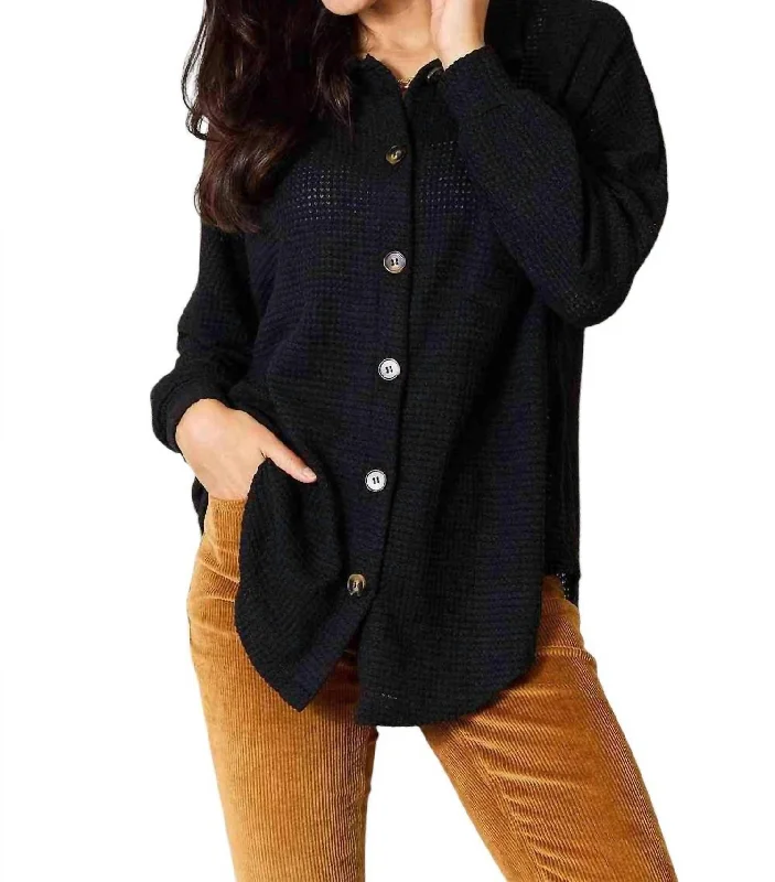 Holiday Sale Elegant Waffle-Knit Collared Shirt In Black