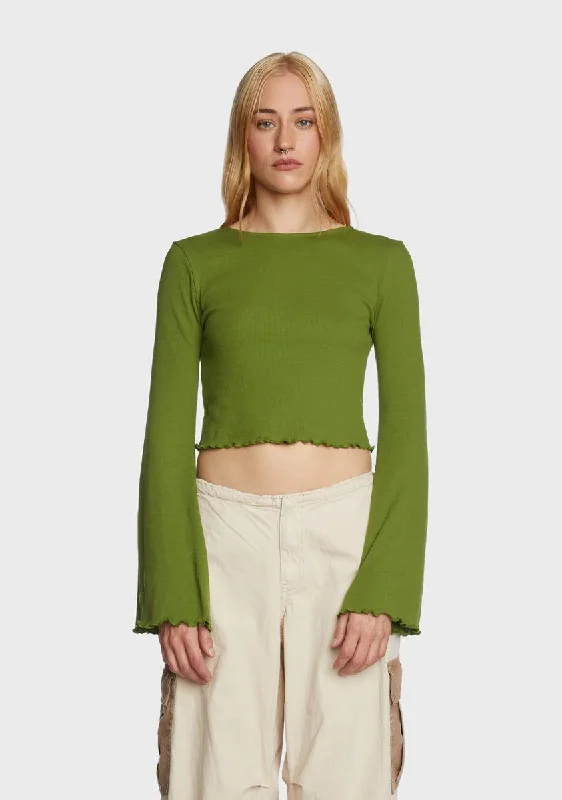 Alluring Design Flute Long Sleeve Crop Top - Green