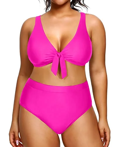 New In This Season Plus Size Tummy Control Swimwear Bikini High Waisted Two Piece-Neon Pink