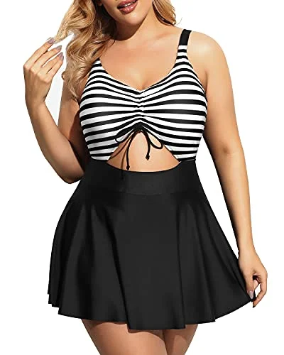 Luxury Fashion V Neck Swimdress Cutout Bathing Suits For Women-Black And White Stripe