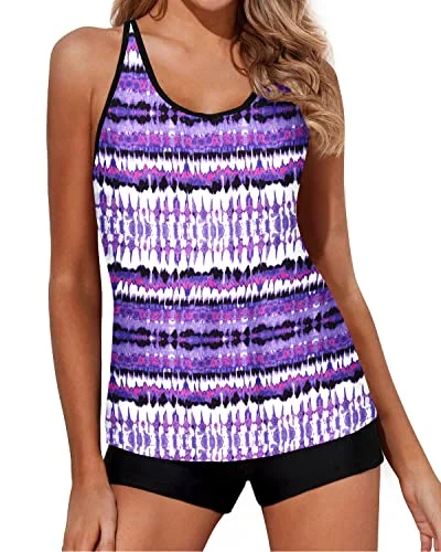 Fashion Sale Modest Tankini Swimsuit Boy Shorts For Women-Purple Tribal