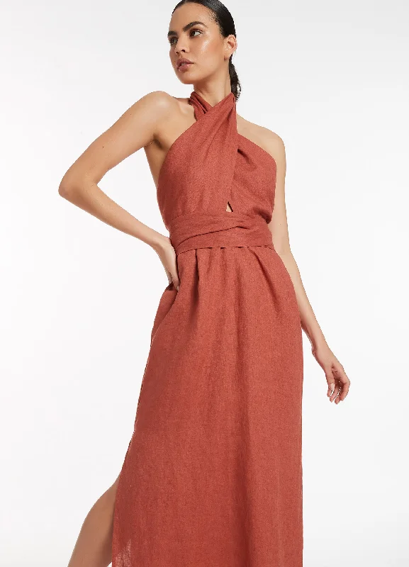 Score Big On Glamorous Red - Carpet Styles Jetset Wrap Front Dress - Terracotta