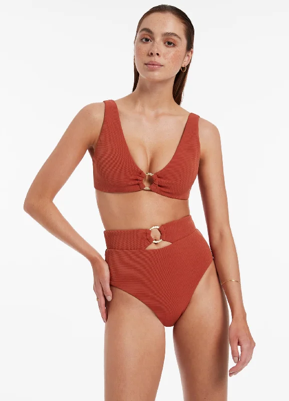 Trend Driven Wardrobe Isla Rib High Waist Trim Bikini Bottom - Russet