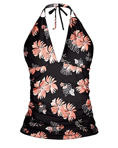 Comfort First Women's Fashion V Neck Halter Tankini Top Self Tie Adjustable Straps Backless Swimsuit-Black Orange Floral