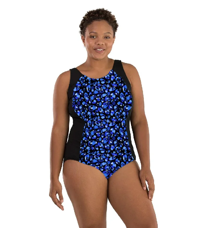 Quality Driven Apparel AquaSport Princess Seam Tanksuit - Tall - Ocean Blues Print Black