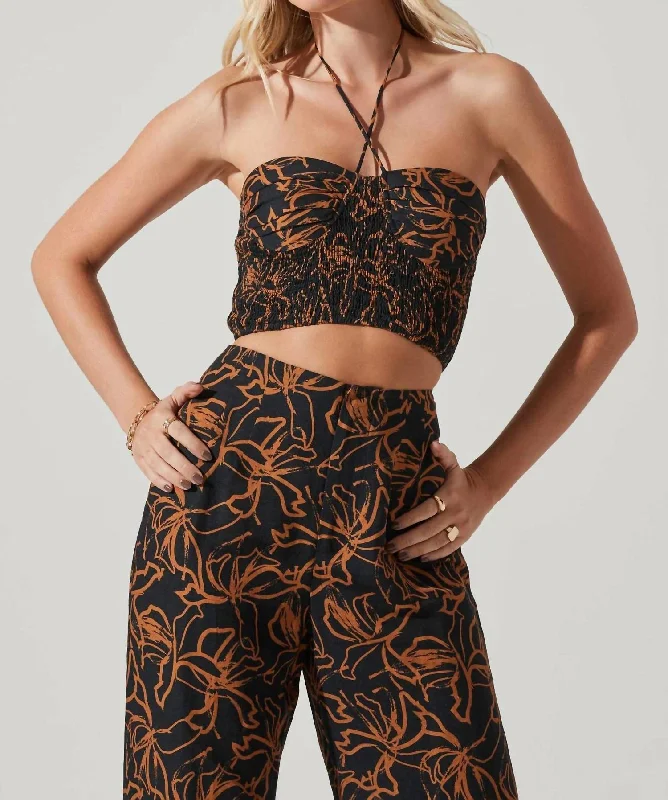 Flash Sales Allene Ruched Halter Top In Black/rust Print