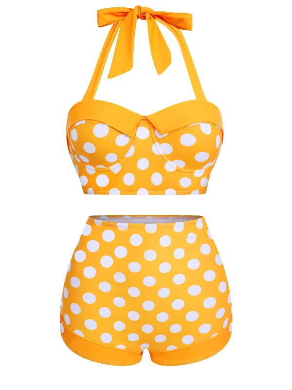 High End Women's Wear Yellow 1950s Polka Dots Halter Bikini Set