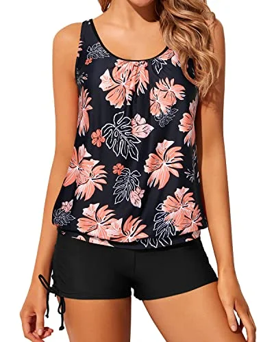 New Styles Just In Trendy And Modest Women's Blouson Tankini Bathing Suits Boyshorts-Black Orange Floral