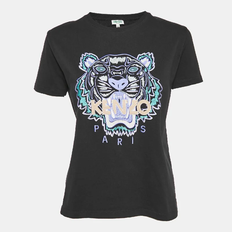 Fast Fashion Favorites Kenzo Black Tiger Logo Embroidered Cotton Knit T-Shirt