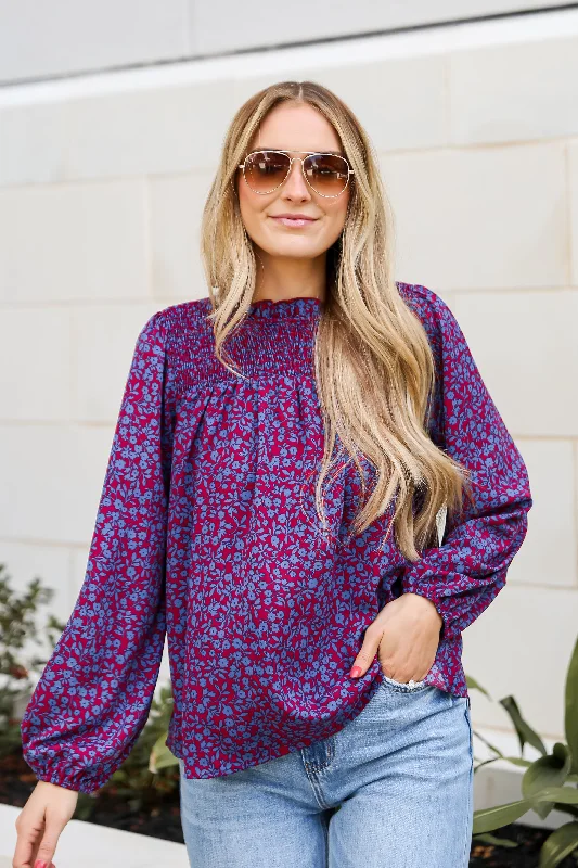 Durable Fashion Picks FINAL SALE - Radiantly Cute Burgundy Smocked Floral Blouse