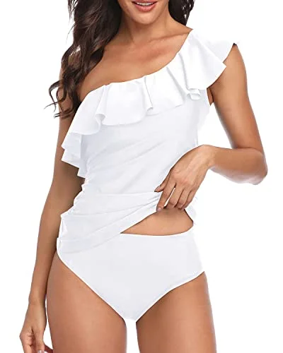 High End Designer Brands Discount Women's One Shoulder Tankini Two Piece Swimsuits Tummy Control Ruffle Swimwear