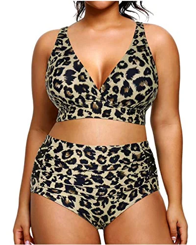 Trendy Aesthetics Women's Plus Size High Waisted Bikini Two Piece Swimsuits-Leopard