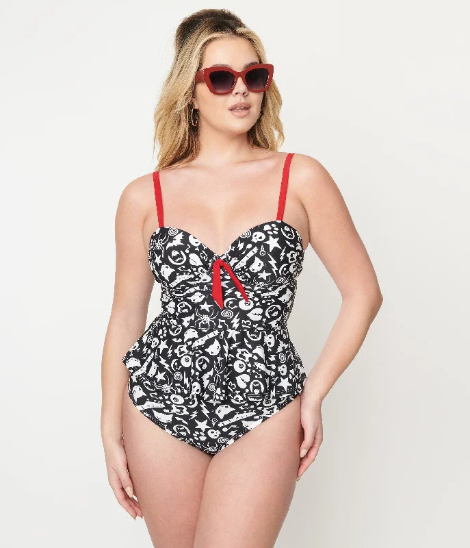 Daily Essentials Emily The Strange x Unique Vintage Black & White Tankini Swim Top