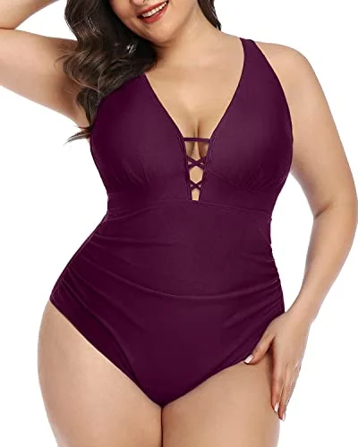 Discount Extravaganza Deep V Neck Lace Up Plus Size Slimming One Piece Swimsuit-Maroon