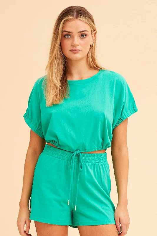 Daily Essentials Green Jamie Cropped Cotton Short Sleeve Top