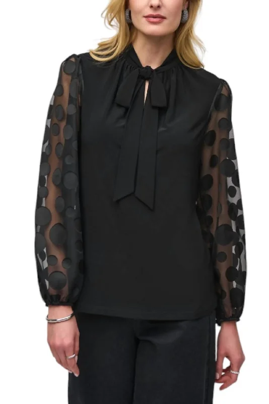 Limited Stock, Big Sale Silky Knit Top With Dot Burnout Sleeves In Black