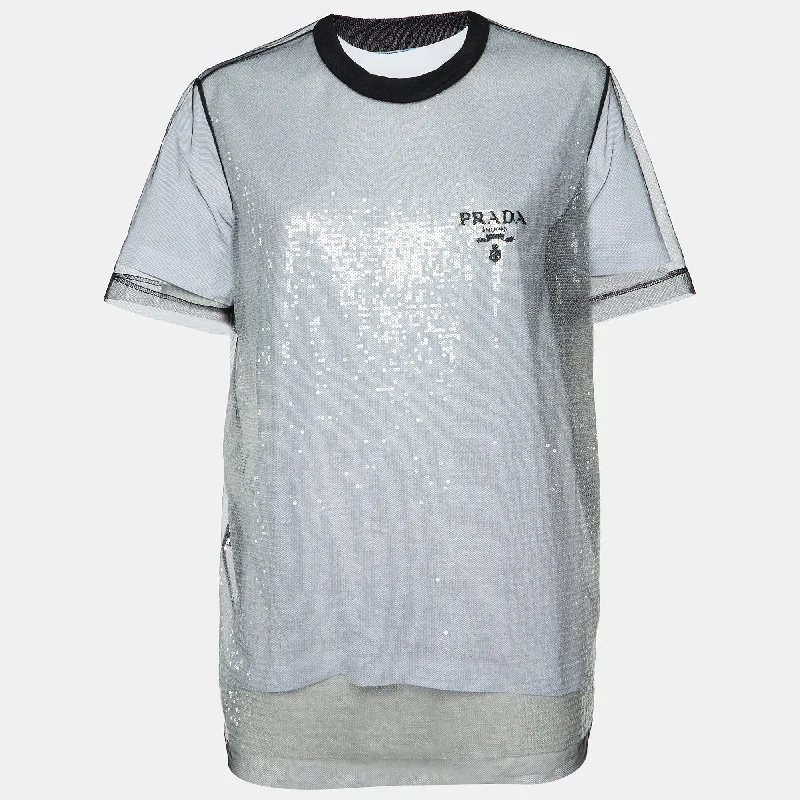 Fashion Forward Prada Black/white Logo Print Sequin Tulle And Cotton Knit T-Shirt