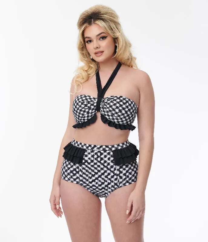 Fashion Forward, Function First Unique Vintage Black & White Bias Gingham Twist Front Halter Swim Top