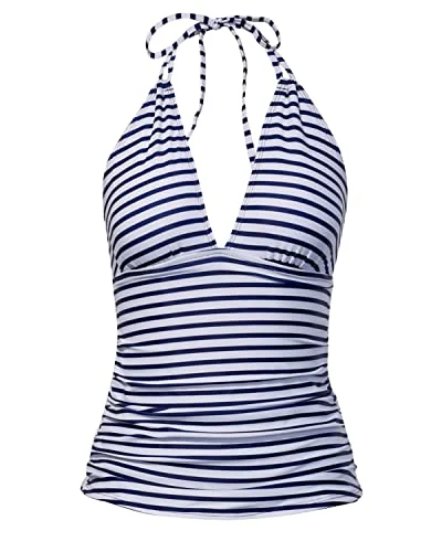 Chic Trends Unveiled Halter Tankini Top No Bottom V Neck Swim Top Tummy Control Bathing Suit Top-Blue And White Stripes