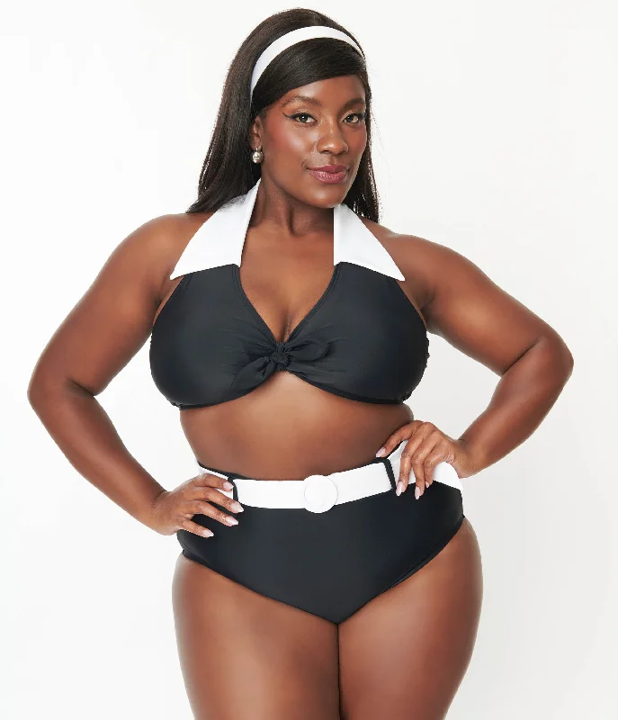 Attire Sale Unique Vintage Plus Size Black & White Halter Swim Top