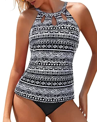 Premium Fabrics High Neck Two Piece Tankini Bathing Suit Tummy Control Tankini Bottom for Women