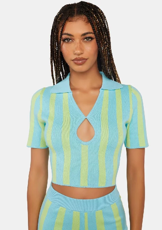 Limited Styles Keyhole Stripe Knit Polo Top