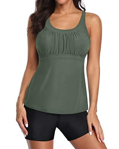 Eclectic Style Wardrobe U Neck Swim Tank Top Racerback And Boyshort Swimwear For Women-Army Green And Black