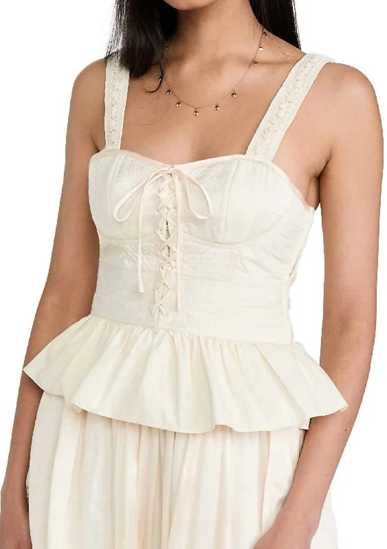 Update With Cottagecore Styles Orla Corset Sweetheart Neckline Ruffled Hem Sleeveless Top in Beige