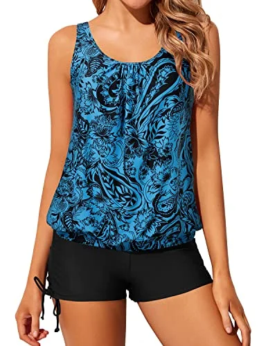 Bold Fashion Adjustable Side Ties Swimsuits For Women Tops Boyshorts-Black And Tribal Blue