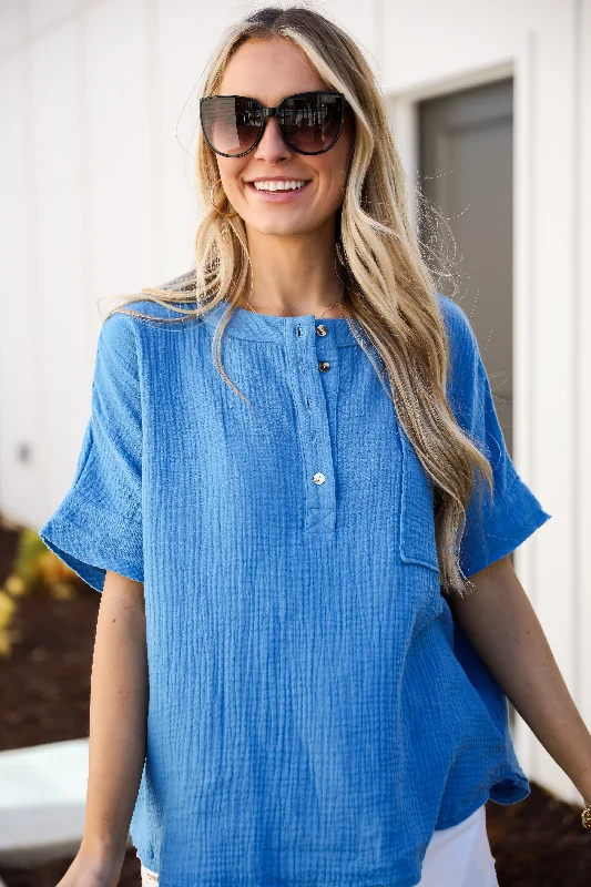 Huge Price Cut FINAL SALE - Effective Aura Blue Linen Blouse