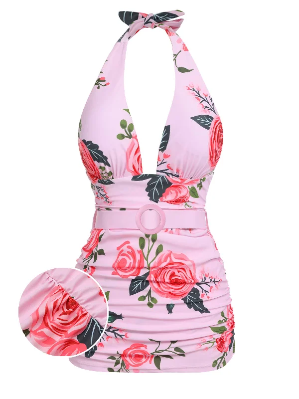 Snag Fabulous Fashion Bargains Pink 1930s Roses Halter Belt Swimsuit